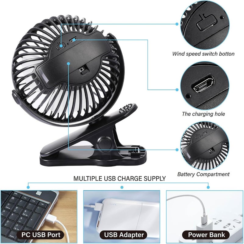 TCJJ Portable Clip on Fan, Rechargeable USB Desk Fans, Stroller Fan With TYPE-C Port 360° Rotatable Personal Small Mini Table Fan for Home Office Car Seat Crib Camping - Image 2